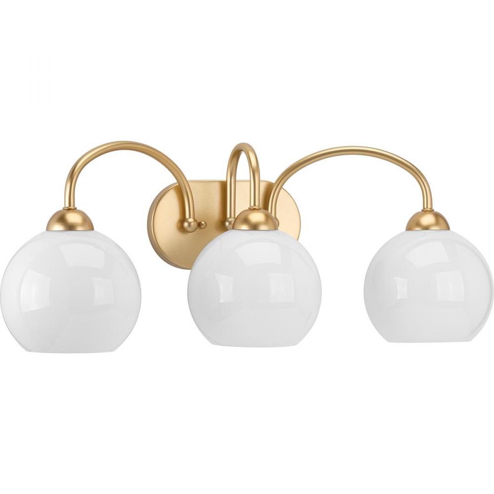 Carisa Collection Three-Light Vintage Gold Opal Glass Mid-Century Modern Bath Vanity Light