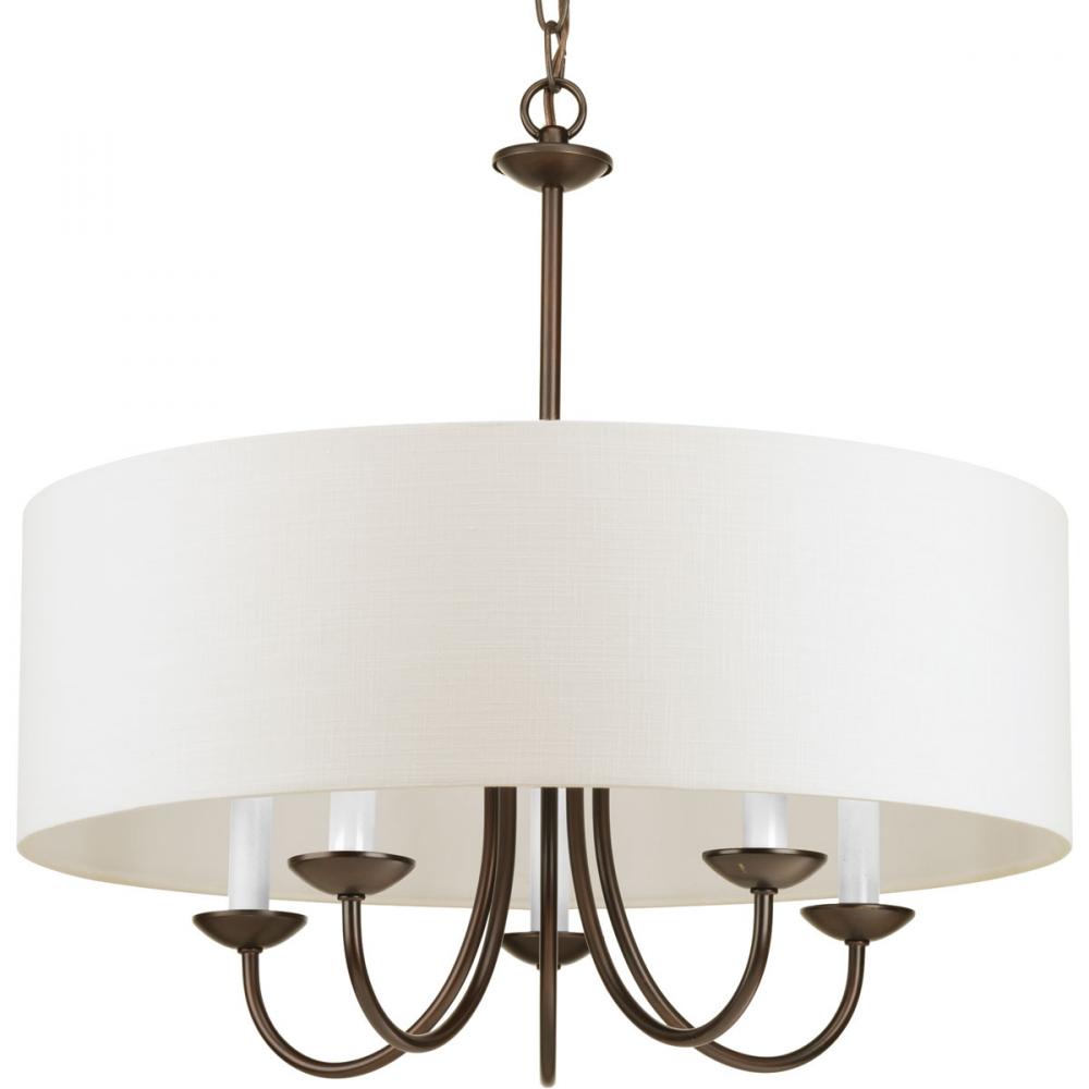 Drum Shade Collection Five-Light Antique Bronze White Textured Linen Shade Farmhouse Chandelier Ligh