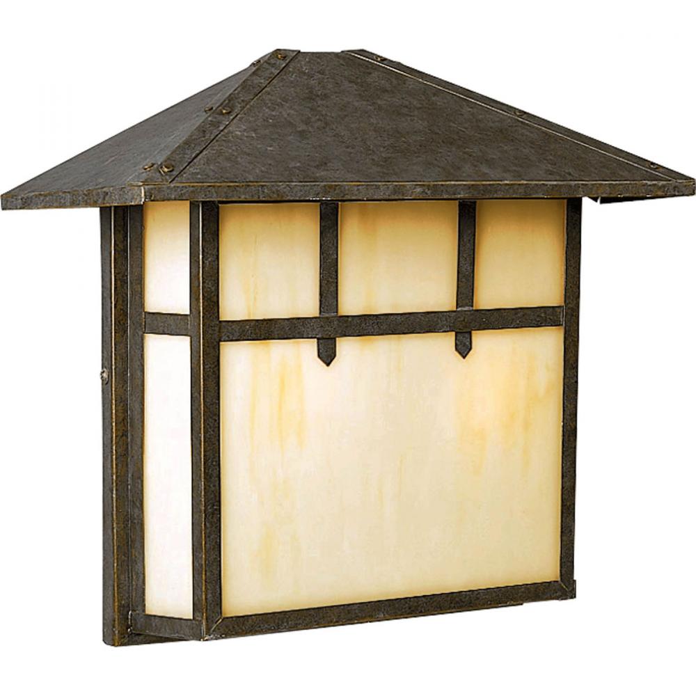 Two Light Weathered Bronze Light Honey Art Glass Wall Lantern