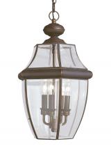 Seagull - Generation 6039-71 - Lancaster traditional 3-light outdoor exterior pendant in antique bronze finish with clear curved be