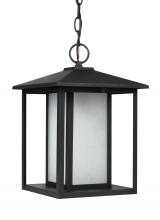 Seagull - Generation 69029-12 - Hunnington contemporary 1-light outdoor exterior pendant in black finish with etched seeded glass pa