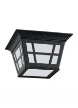 Seagull - Generation 79131-12 - Herrington transitional 2-light outdoor exterior ceiling flush mount in black finish with etched whi