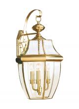 Seagull - Generation 8040-02 - Lancaster traditional 3-light outdoor exterior wall lantern sconce in polished brass gold finish wit