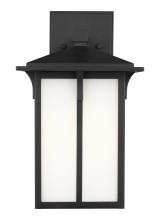 Seagull - Generation 8652701-12 - Tomek modern 1-light outdoor exterior medium wall lantern sconce in black finish with etched white g