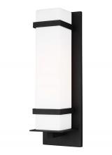 Seagull - Generation 8720701-12 - Alban modern 1-light outdoor exterior large square wall lantern in black finish with etched opal gla