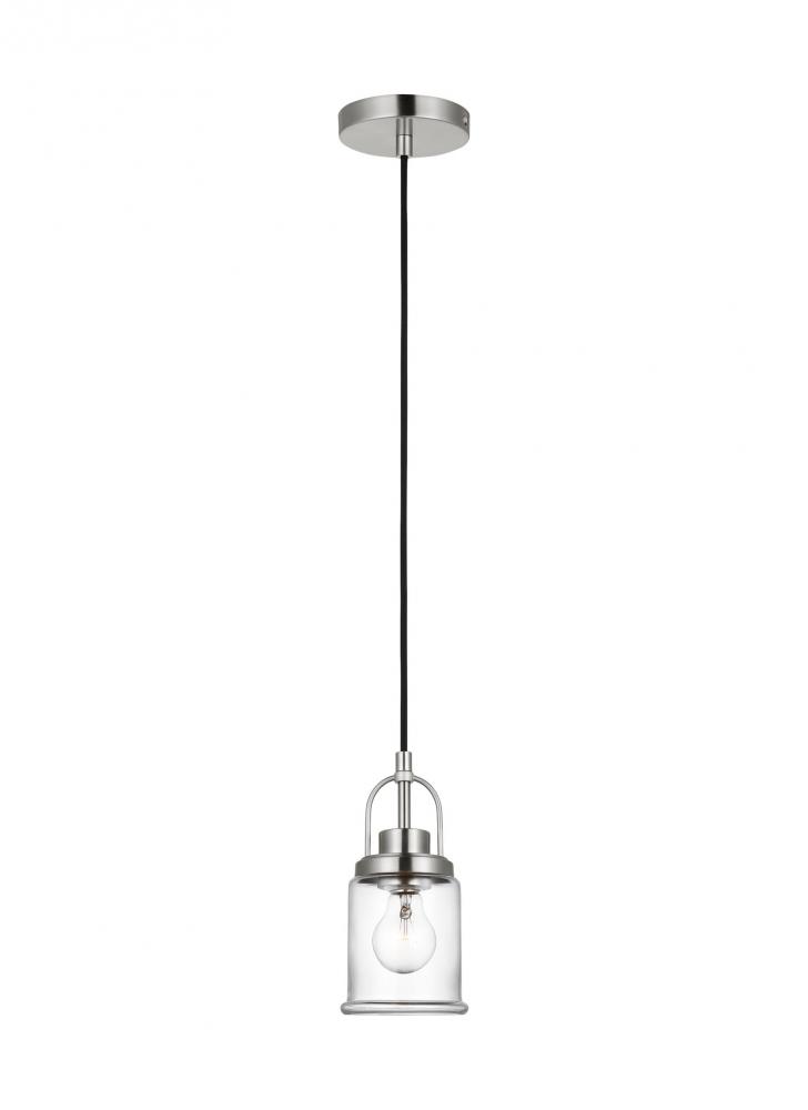 Anders industrial 1-light indoor dimmable mini pendant in brushed nickel finish with clear glass