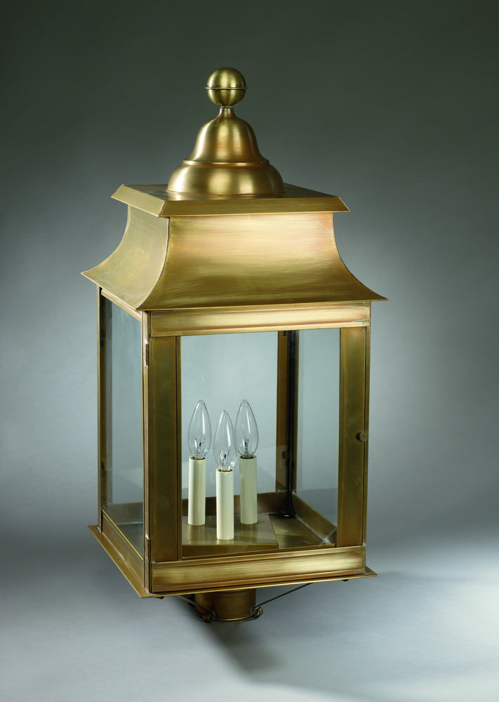 Pagoda Post Verdi Gris 3 Candelabra Sockets Frosted Glass